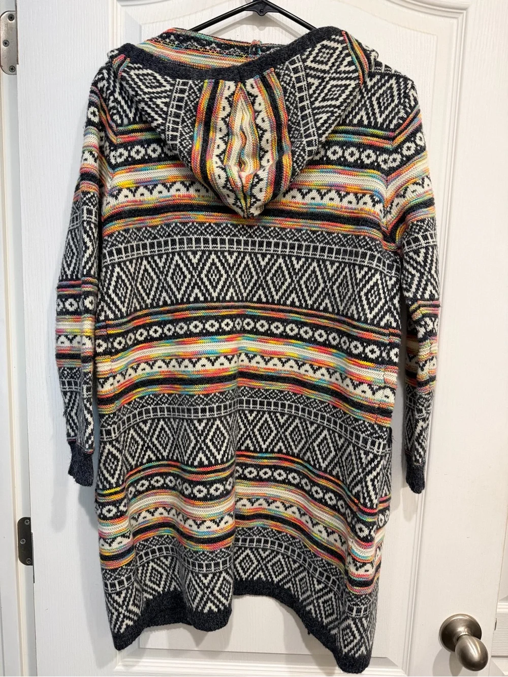 Monteau Black & White Patterned Hooded Cardigan with Multicolor Stripes